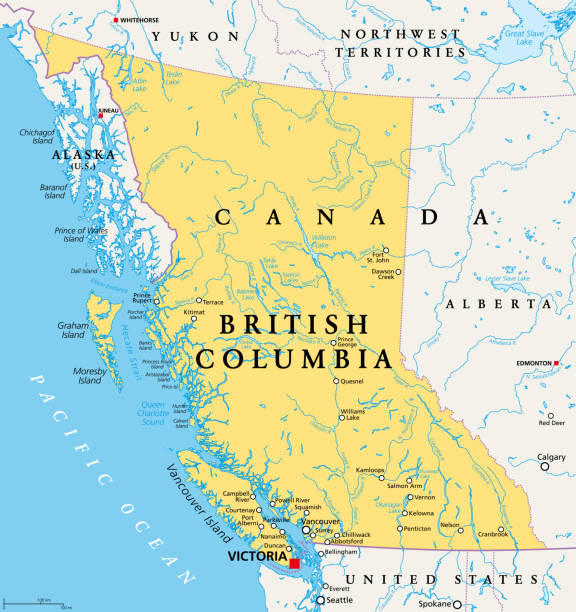 British Columbia, BC, province of Canada, political map British Columbia, BC, province of Canada, political map. Situated on the Pacific Ocean, bordered by Alberta, the Northwest Territories, Yukon, and the US states Alaska, Idaho, Montana and Washington. british columbia stock illustrations