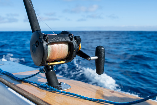 Fishing equipment for tuna fishing on a fishing boat in the North Atlantic ocean.