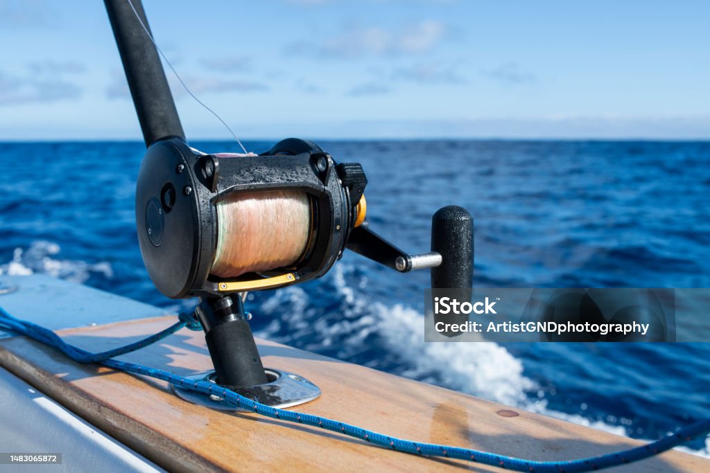 Fishing equipment on a fishing boat in the ocean. Fishing equipment for tuna fishing on a fishing boat in the North Atlantic ocean. Close-up Stock Photo