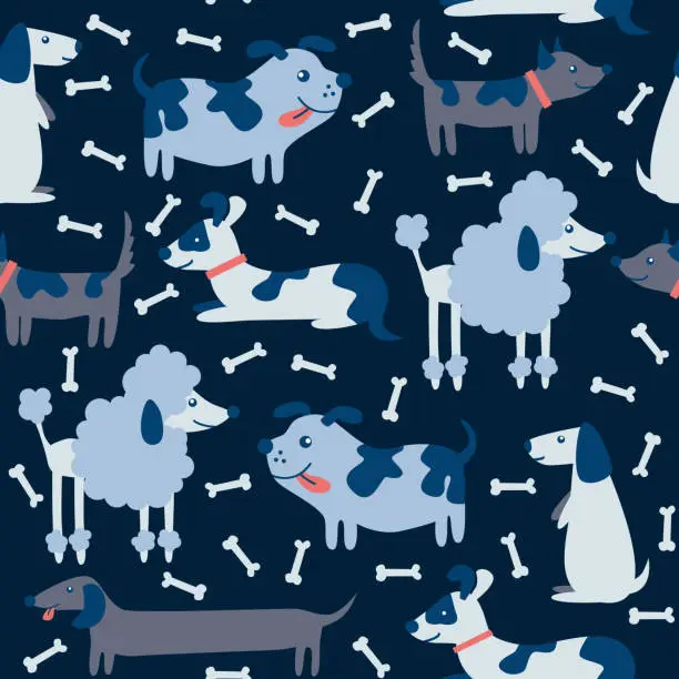 Vector illustration of Repeating pattern with cute cartoon style dogs.