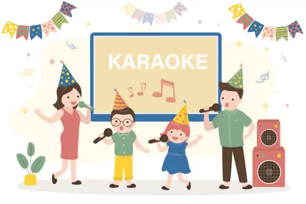 Vector illustration of People sing song and dancing. Family entertainment, karaoke party. Happy active couple with children uses mics. Parents and kids spending time together. Happy birthday party.