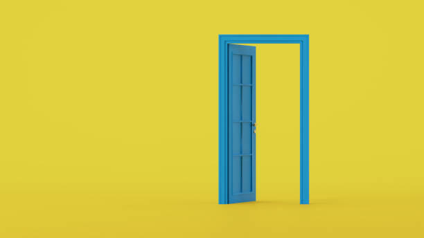 istock blue open door isolated on yellow background 1483066773