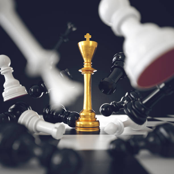 istock King chess piece standing among flying pawns on chessboard. Leadership concept. 3d rendering 1483066888