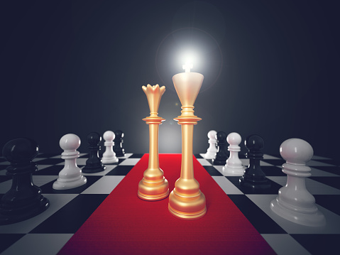 King and queen chess pieces on red carpet on chess board. Leadership and success concept. 3d rendering, 3d illustration