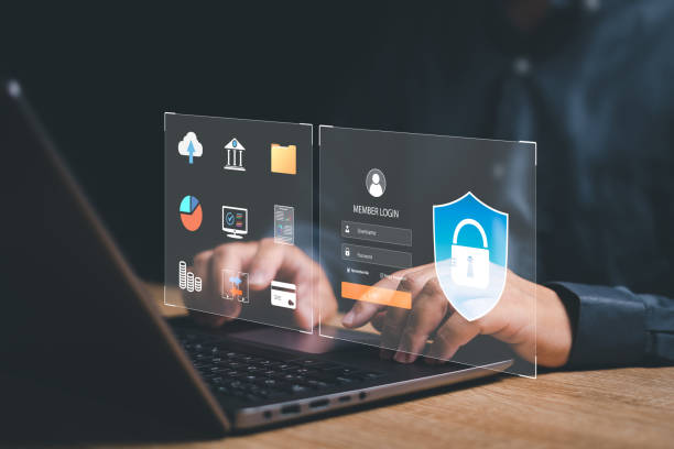 istock Data management privacy security cybersecurity concept, Businessman use laptop with a login screen cybersecurity and protection data secure internet access Future technology and cybernetics, internet 1483067537