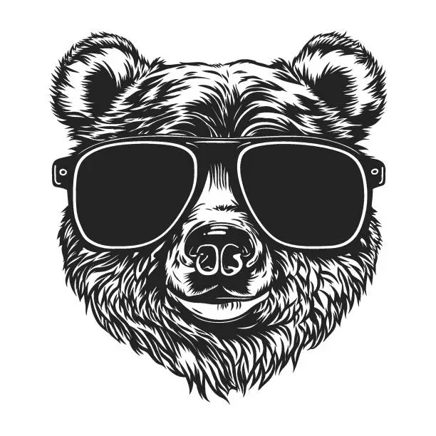 Vector illustration of Hand drawn portrait of Bear with sunglasses. Vector isolated elements.