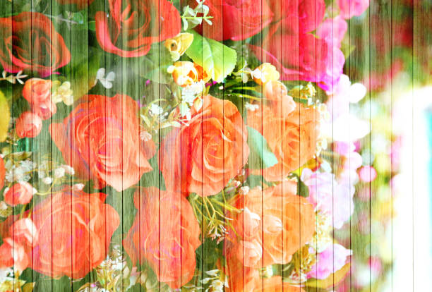red rose bouqoet effect on wood plank