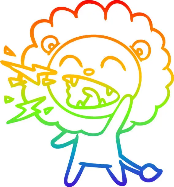 Vector illustration of rainbow gradient line drawing of a cartoon roaring lion