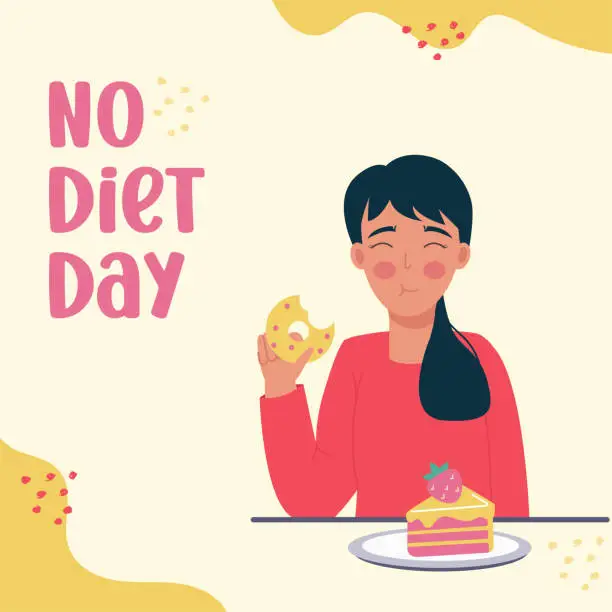 Vector illustration of No diet day. Woman brunette eating donut and cake