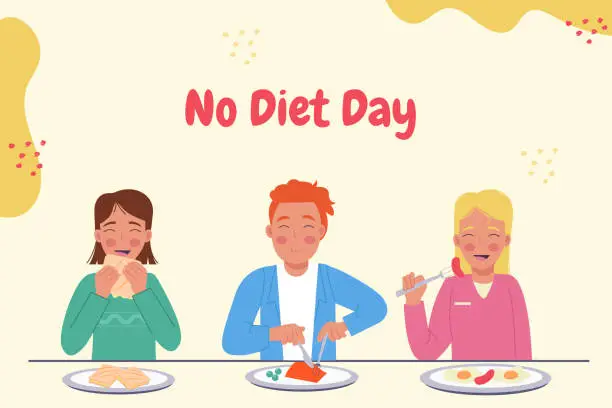 Vector illustration of No diet day. Women and man eating at the table