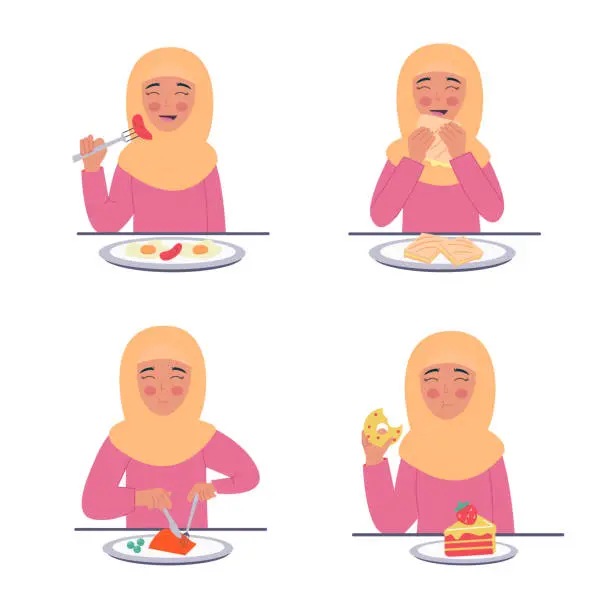 Vector illustration of Set of woman in hijab eating different food in flat style