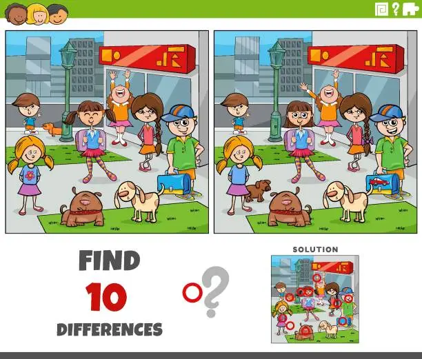 Vector illustration of differences game with cartoon kids in the city