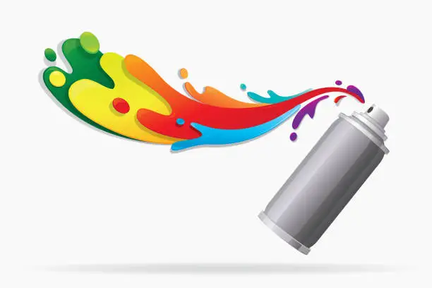 Vector illustration of Three dimensional spray aerosol paint can with glossy colourful paint splashes coming out of it