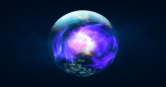 Abstract ball sphere planet iridescent energy transparent glass magic with energy waves in the core abstract background.