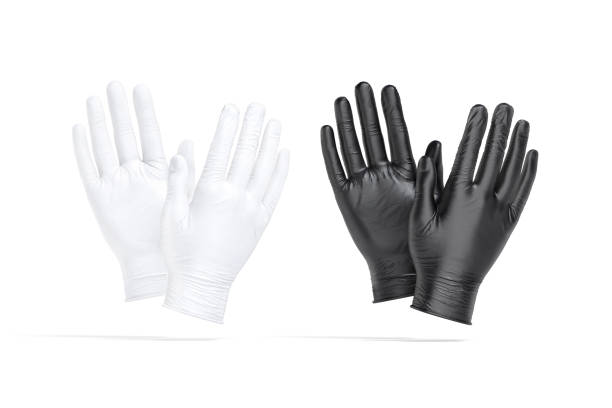 Blank black and white rubber gloves mockup, front and back stock photo