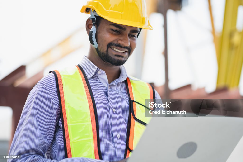 India Engineer Man Holding Laptop Computer At Precast Site Work Stock ...