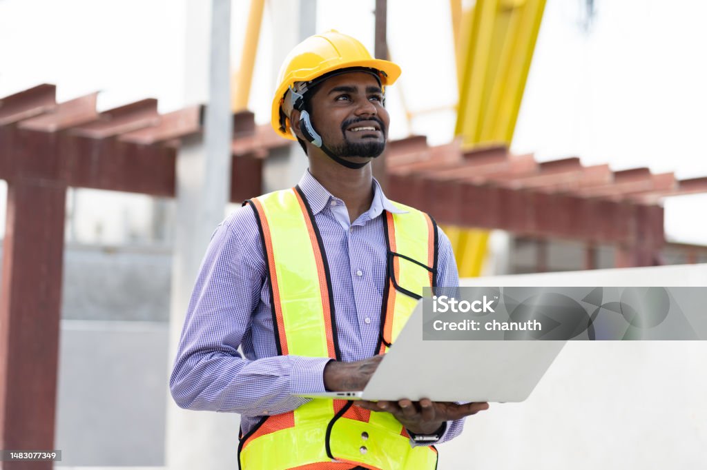 India Engineer Man Holding Laptop Computer At Precast Site Work Stock ...