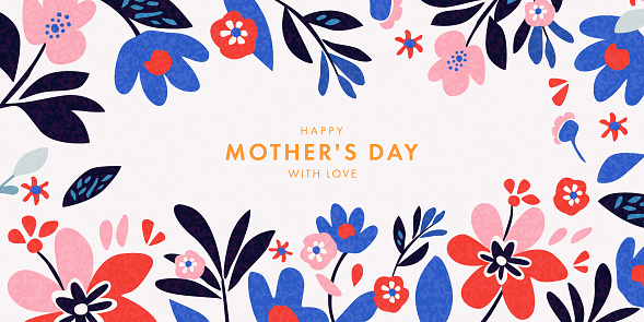 istock Mother's Day card. Trendy banner, poster, flyer, label or cover with flowers frame, abstract floral pattern in mid century art style. Spring summer bright abstract floral design template for ads promo 1483077477