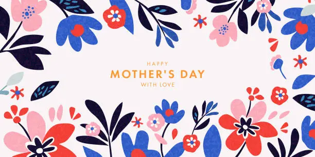 Vector illustration of Mother's Day card. Trendy banner, poster, flyer, label or cover with flowers frame, abstract floral pattern in mid century art style. Spring summer bright abstract floral design template for ads promo