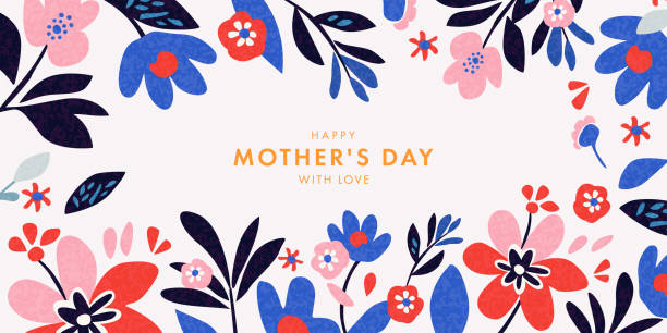 mother's day card. trendy banner, poster, flyer, label or cover with flowers frame, abstract floral pattern in mid century art style. spring summer bright abstract floral design template for ads promo - 母親節 幅插畫檔、美工圖案、卡通及圖標