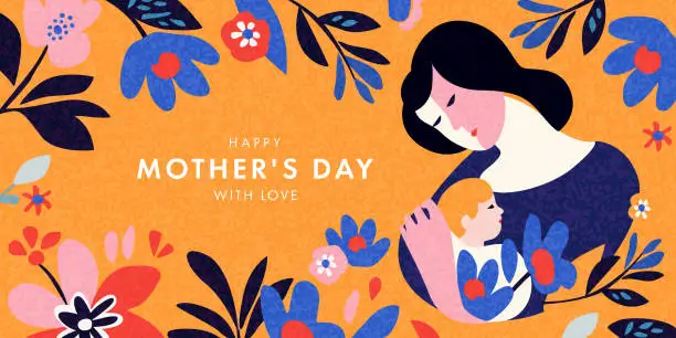 Vector illustration of Mother's Day card. Trendy banner, poster, flyer or cover with flowers, abstract floral pattern and mother with child illustration in mid century art style. Spring summer bright abstract template