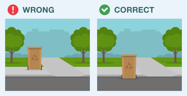 regeln für siedlungsabfälle und recycling oder müllabfuhr. wagen blockiert den zugang zum bürgersteig. mülleimer auf dem bürgersteig. falsche und richtige platzierung. - curbs stock-grafiken, -clipart, -cartoons und -symbole
