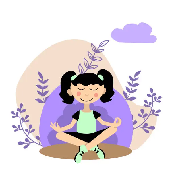 Vector illustration of Cute cartoon little girl meditating in lotus pose.