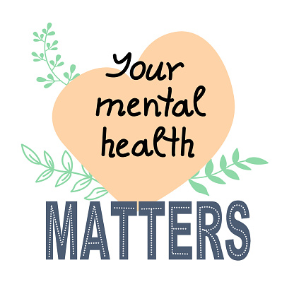 Poster with handwritten phrase Your mental health matters on background of pink heart with abstract branches. Psychology concept. Vector illustration