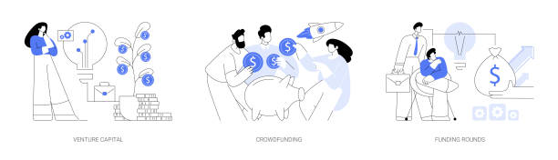 Raising money for startup abstract concept vector illustrations. Raising money for startup abstract concept vector illustration set. Venture capital, crowdfunding strategy, funding rounds, private equity financing, business sponsorship abstract metaphor. coin outline stock illustrations