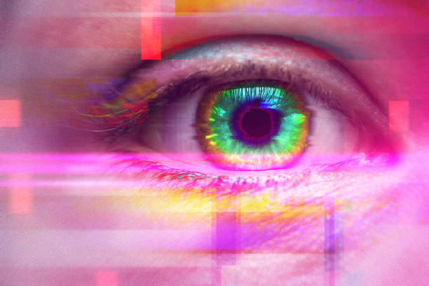 Female eye with colorful iris. Effect of using psychoactive drug and having psychedelic trip with hallucinations. Female eye with colorful iris. Effect of using psychoactive drug and having psychedelic trip with hallucinations. Glitch and noise effects applied. psychedelic trip stock pictures, royalty-free photos & images