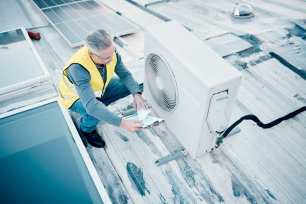 istock Air conditioning, roof and engineering man for maintenance, inspection and solar panel in sustainability. Technician planning energy saving power, aircon installation and generator electrician check 1483079684