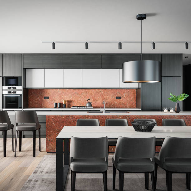 istock Black Modern minimalist kitchen with long island with stools. Dark materials. 1483080817