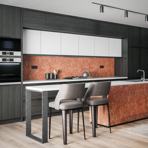 istock Black Modern minimalist kitchen with long island with stools. Dark materials. 1483080819