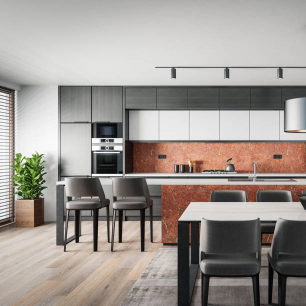 istock Black Modern minimalist kitchen with long island with stools. Dark materials. 1483080902