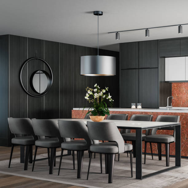 istock Black Modern minimalist kitchen with long island with stools. Dark materials. 1483080903