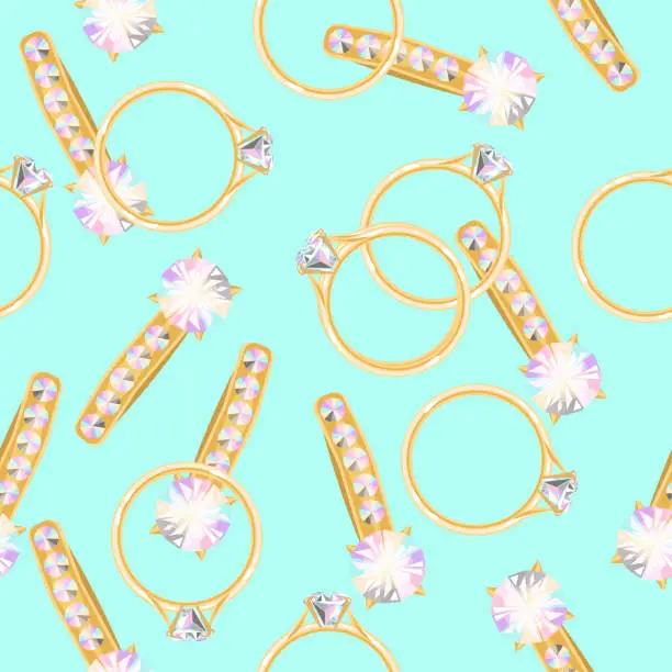 Vector illustration of Seamless pattern of gold earrings and diamond rings on a light turquoise background.Vector pattern for wedding designs,textiles.