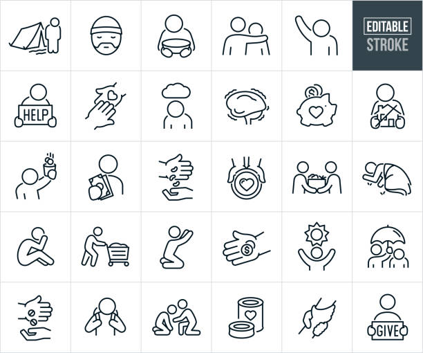 Homelessness And Poverty Thin Line Icons - Editable Stroke A set homelessness and poverty icons that include editable strokes or outlines using the EPS vector file. The icons include a homeless person standing next to his tent with his head down, homeless man with stocking cap on head, homeless or poor person with empty bowl, person with arm around the shoulder of a homeless person, homeless person pleading with arm raised for help, homeless person holding a "Help" sign, hand holding out a heart or help to a person in need, depressed person with cloud over head, brain with mental health issues, piggy bank collecting donation to help the poor, homeless person holding a house with a strike through to represent homelessness, homeless person holding out a cup collecting donations, person holding out cash as a donation to the poor, hand dropping beans into a beggars hand as a food donation, hands holding out a plate with a heart shape on it, person in poverty being handed a box of food from a donor, homeless person laying on ground with blanket, poor person with head in hands, homeless person pushing cart of possessions, homeless person pleading to a higher power for help, hand holding out coins as a donation, poor person with a sun overhead representing hope from poverty, person with an umbrella overhead of a homeless person, hands exchanging opioids, homeless person with backpack and head down, person helping a homeless person by reaching out to him, cans of food as donation, two clasped hands in rescue and a person holding a "give" sign. begging social issue stock illustrations