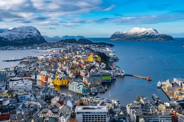 Elevated view of the city of Alesund, Norway.