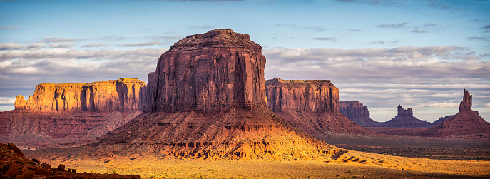 Panoramic view of Merrick Butte from North Window Overlook in Monument Valley tribal park in the morning. Arizona and Utah border, United States of America