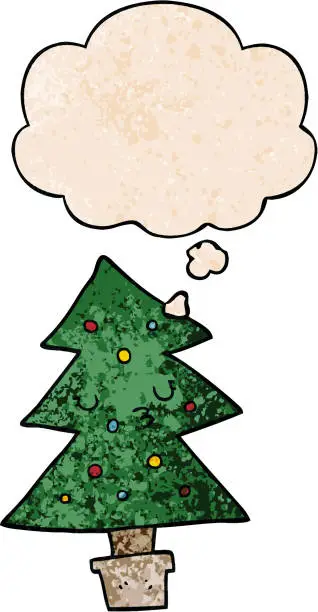 Vector illustration of cartoon christmas tree with thought bubble in grunge texture style