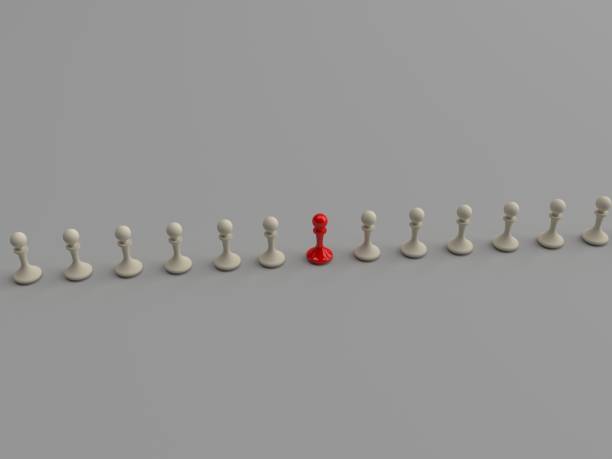 immagine del concetto di individualità o leadership. pedone rosso unico. foto stock 3d - chess positioning strategy individuality foto e immagini stock