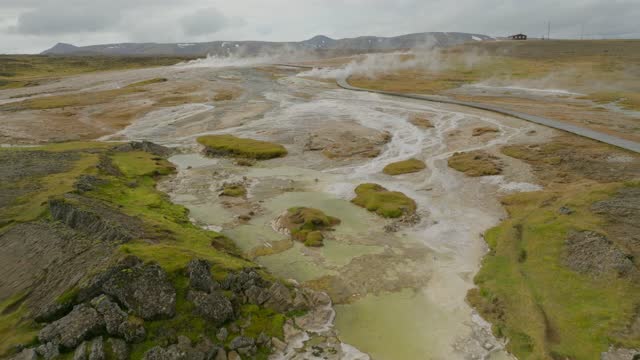 Aerial view of a Geyser in a hot spring in Southern Region, Iceland.