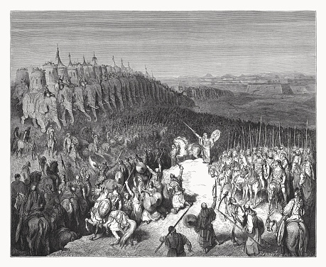 Judas Maccabeus before the Army of Nicanor (2 Maccabees 15, 21). Wood engraving by Gustave Doré (French painter and engraver, 1832 - 1883), published in 1888.