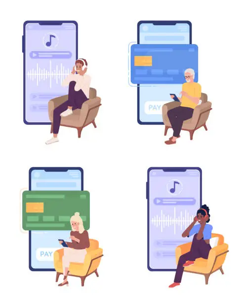 Vector illustration of Using mobile apps in daily life flat concept vector spot illustration set