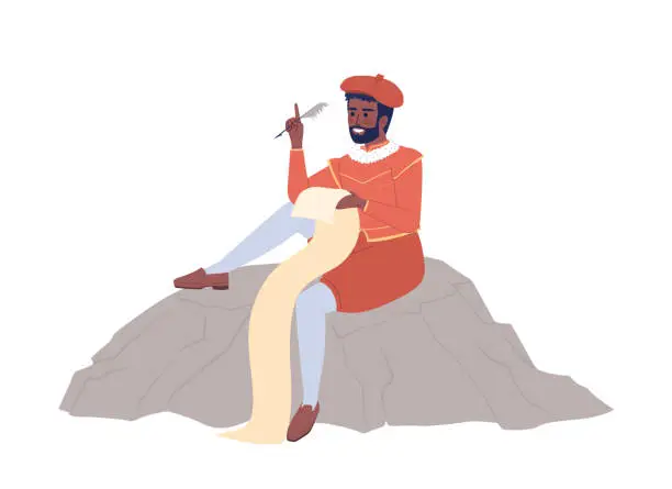 Vector illustration of Medieval royal poet writing with quill semi flat color vector character