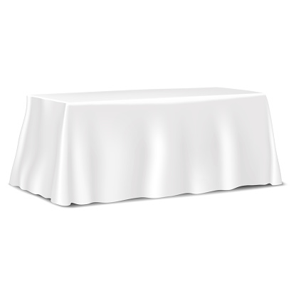 Table covered with blank tablecloth isolated on white background realistic vector mockup. Template for design