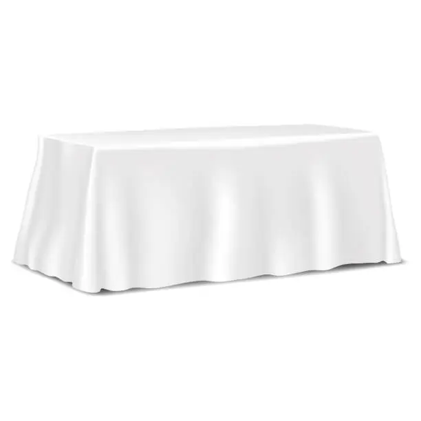 Vector illustration of Table covered with blank tablecloth isolated on white background realistic vector mockup. Template for design