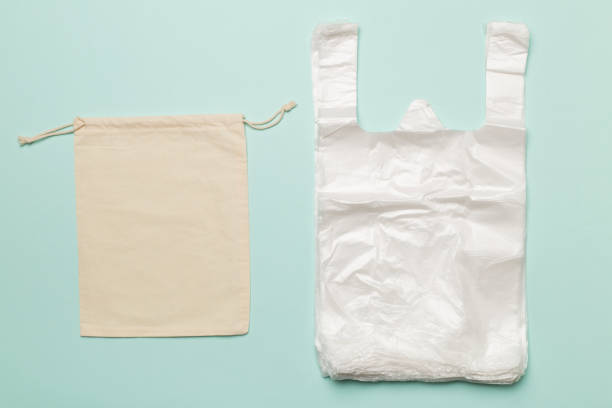 istock Plastic and fabric bag on color background, top view. Biodegradable products concept 1483088311