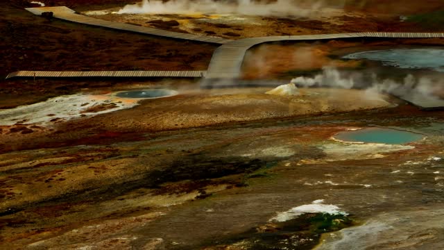 Aerial view of a Geyser in a hot spring in Southern Region, Iceland.