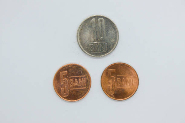 istock Closeup of Romanian currency coins on white background 1483089737